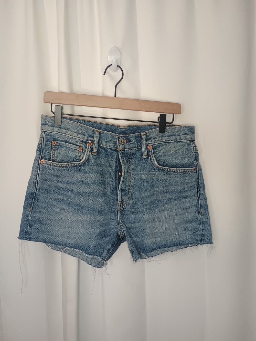Buck Mason Strider Japanese Denim Cutoff Jean Shorts Womens 26 Button Fly Frayed